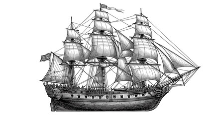 Historical British Navy Sailing Ship Engraved Illustration © Aslinda