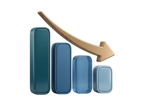 Premium luxury 3D icon of a declining business bar chart with a downward falling arrow business loss market drop financial crisis 3D icon bar graph economic slump investment risk negative tren