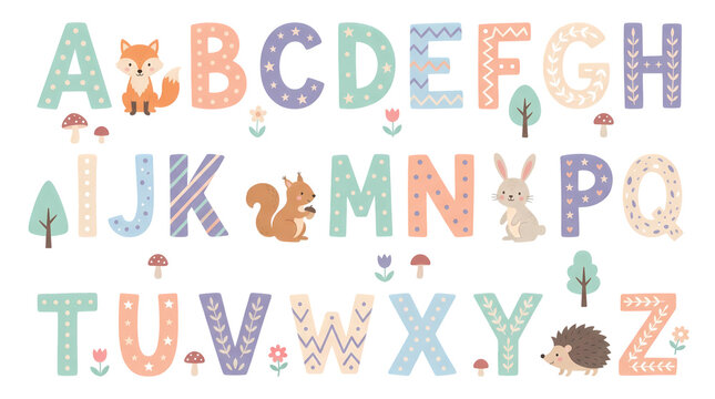 Cute alphabet letters with woodland animals and nature elements for kids education and decor purposes.
