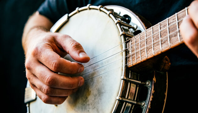 A close-up macro photo of hands playing a banjo, fingers plucking the strings on the drum head.