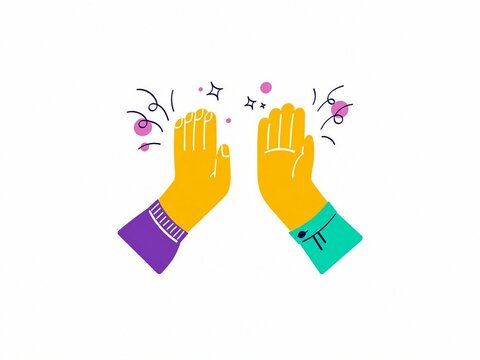 Two cartoon hands clapping with sparkles and confetti celebration