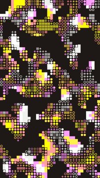 Abstract moving geometric pattern of pixels and symbols on dark background in seamless loop.