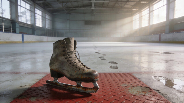 Worn white figure ice skate with a rusty blade resting on a red mat in an empty indoor ice rink arena. Ice skates blade rust concept.