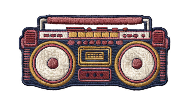 Vintage embroidered retro boombox patch, classic 1980s portable stereo with two large speakers, cassette deck and chunky control buttons, detailed layered thread embroidery, textured woven fabric
