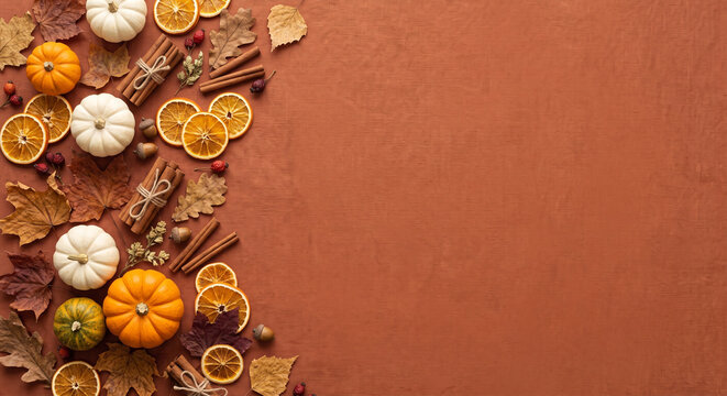 Autumn harvest display with pumpkins dried citrus and cinnamon sticks for seasonal decor.