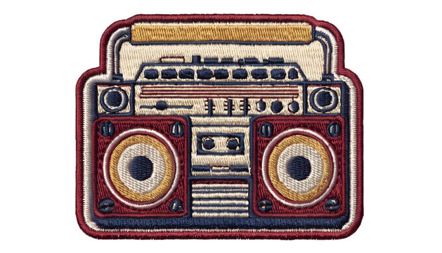 Vintage embroidered retro boombox patch, classic 1980s portable stereo with two large speakers, cassette deck and chunky control buttons, detailed layered thread embroidery, textured woven fabric