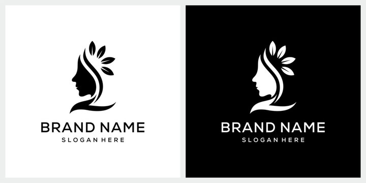 pretty woman face and leaf nature with hand for cosmetic beauty fashion logo design