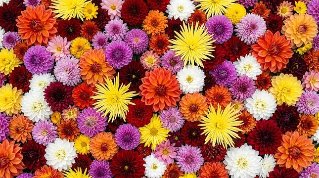 A vibrant and colorful top down view of many different blooming chrysanthemum flowers packed tightly together