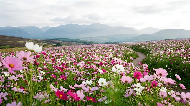 A vast field of colorful blooming cosmos flowers stretching towards distant mountains under a soft cloudy sky