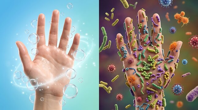 Comparison of clean hand with soap bubbles versus dirty hand covered in various bacteria, viruses, and germs, representing hygiene and health concepts