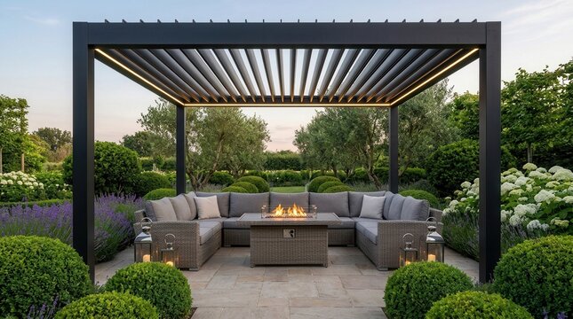 Luxury outdoor experience featuring adaptable aluminum pergolas in an upscale garden setting