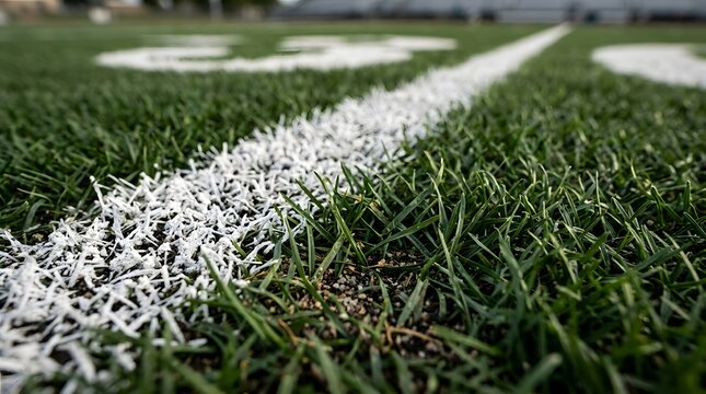 Detailed close up view of white painted yard line markings on vibrant green turf grass at an outdoor sports stadium