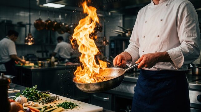 Culinary challenge showing a chef with high-pressure creativity and competitive cooking energy.