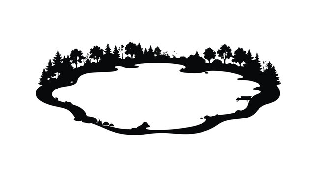 Cad tree lines Woodland river curve illustration vintage style, organic forest border vector, nature landscape envelope design, natural frame texture, eco wild contour, black silhouette graphic