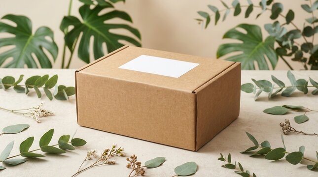 Natural sustainable packaging featuring a closed brown cardboard carton with a blank white label among tropical plants and green eucalyptus leaves.