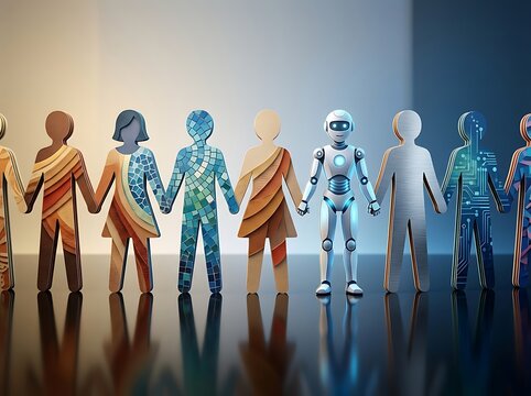 Diverse group of stylized human figures holding hands with a central robot, representing humanai collaboration, technology integration, and unity in digital society