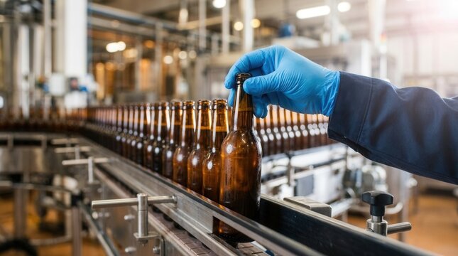 Automated beer bottling process in a brewery factory with worker quality control for the food industry.