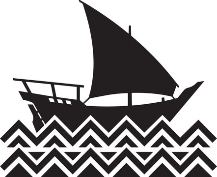 Silhouette of a traditional dhow sailing boat on stylized waves uae national day