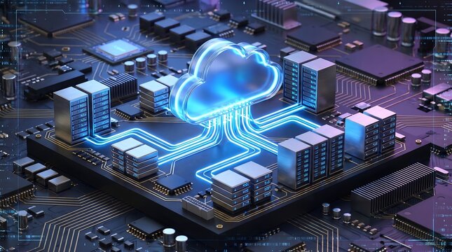Cloud computing and data center infrastructure on a circuit board with glowing light streams computing infrastructure technology hardware