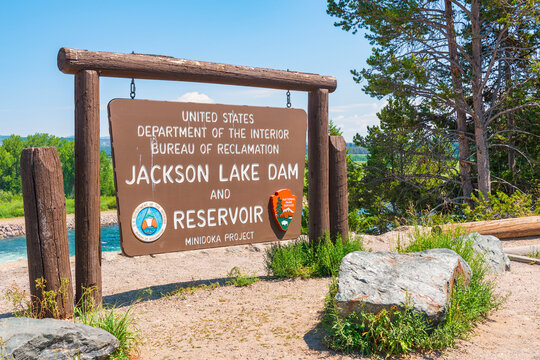 Official sign at the Jackson Lake Dam and Reservior in Grand Teton National Park. Wyoming