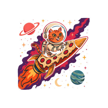 Adorable astronaut cat floating through space on a pizza-shaped rocket, surrounded by planets and colorful cosmic elements, humorous modern t-shirt graphic