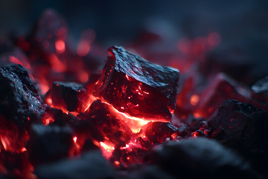 Close-up of glowing hot coal embers in a dark fireplace, highlighting intense red and orange heat texture and energy.