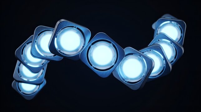 Futuristic blue glowing square rings in a curved row