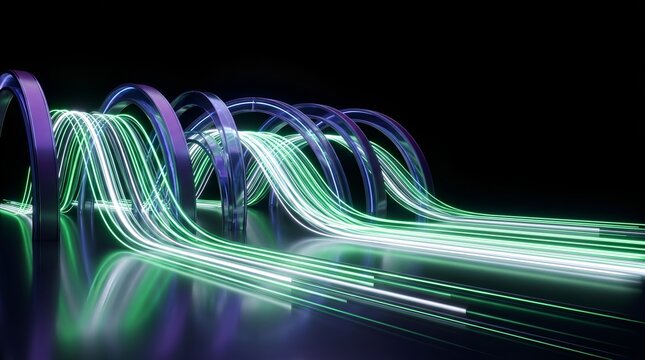 Glowing green light trails passing through metallic purple arches