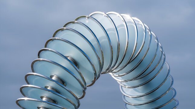 Abstract futuristic arch sculpture against a blue cloudy sky