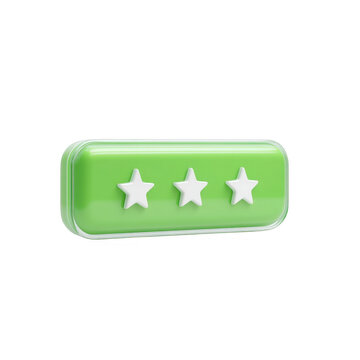 Green 3D Rating Icon with Three Stars in Rectangular Style Design, isolated on transparent background.