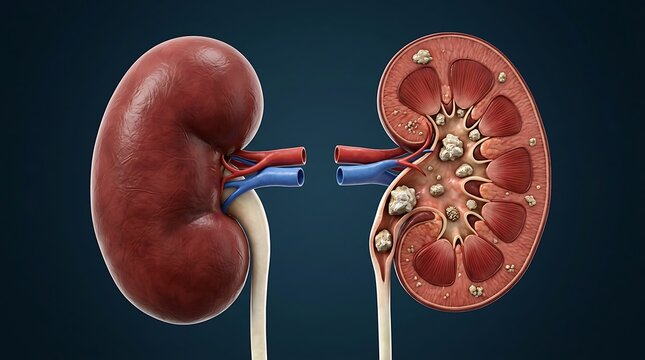 3d medical illustration of human kidneys with kidney stones, showing both an intact kidney and a crosssection view of a kidney with nephrolithiasis