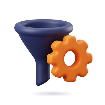 3D funnel icon with mechanical gear process optimization sales funnel business strategy workflow efficienc