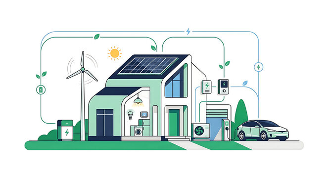 Smart sustainable home energy ecosystem vector illustration with rooftop solar panels, battery storage, heat pump, and electric vehicle charging station