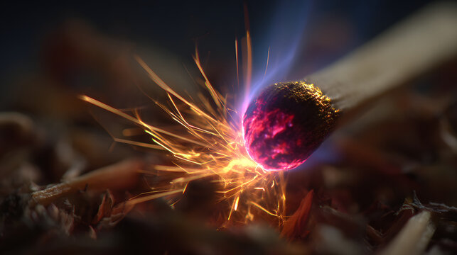 Macro close-up of a matchstick igniting with vibrant sparks and glowing embers, symbolizing energy, innovation, or a new beginning.