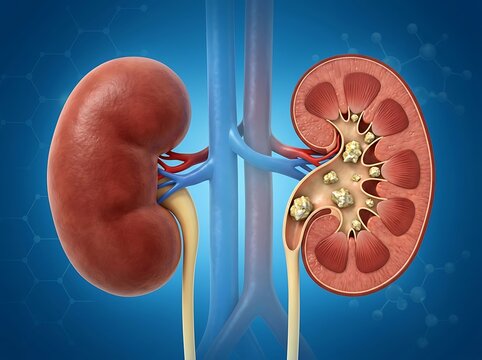 3d medical illustration of human kidneys with kidney stones inside the renal pelvis and calyces, showing internal anatomy and urological health condition