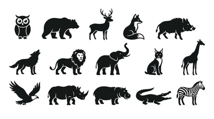 Obraz premium Wild Animals Vector Silhouette Collection Featuring Lion Elephant Giraffe Zebra Bear Wolf Deer Eagle Crocodile Wildlife Safari Nature Icon Set