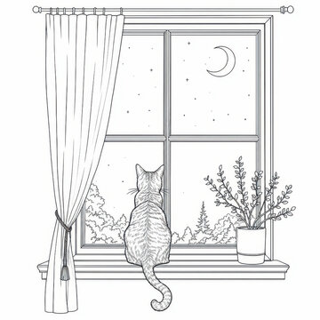 Minimalist line art of a cat sitting on a windowsill, staring out at the crescent moon in monochrome