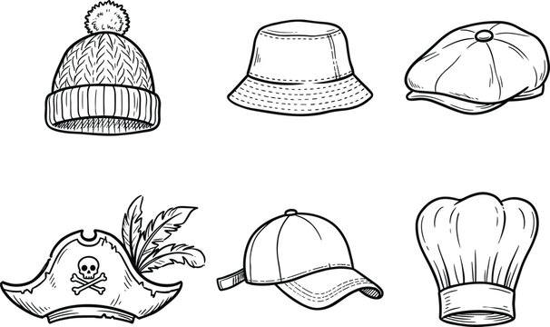 Hats collection set beanie bucket hat flat cap pirate tricorn baseball cap chef hat line art vector.