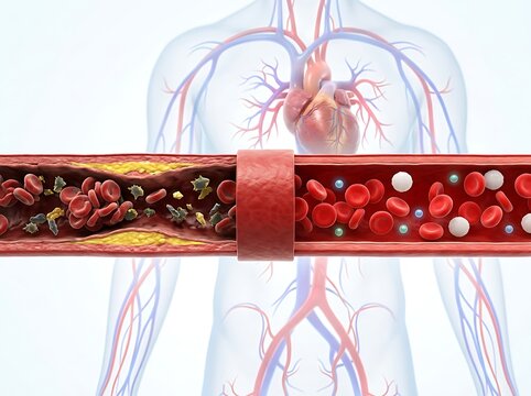 3d medical illustration of a human artery showing atherosclerosis plaque buildup compared to a healthy blood vessel with normal blood flow
