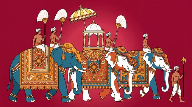 Traditional Indian Elephant Procession Illustration with Decorated Elephants and Mahouts