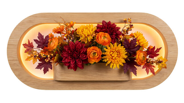 Festive autumn planter with fall flowers and leaves inside illuminated oval wooden frame.