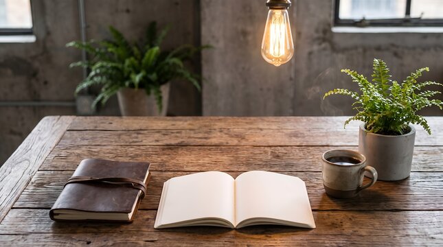 Cozy workspace with open notebook and coffee cup