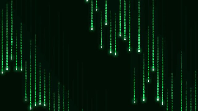 Green digital rain falling on black background, matrix style binary code stream, glowing cyber data particles for technology concepts