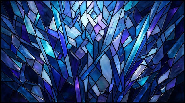 Abstract stained glass pattern composed of sharp blue and cyan crystal shards with dark lead lines and vibrant light reflections throughout
