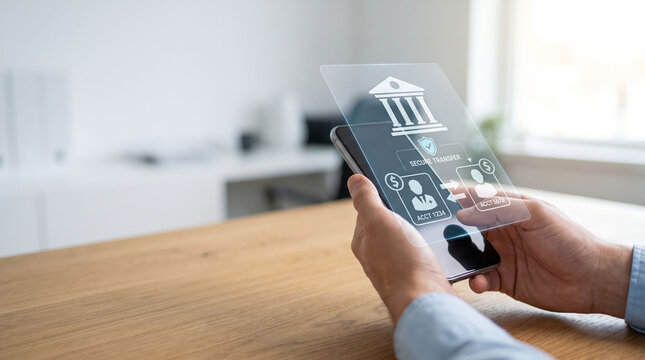 Professional using smartphone with virtual secure banking and money transfer hologram, Digital mobile banking and peer-to-peer financial transaction concept with glowing UI.