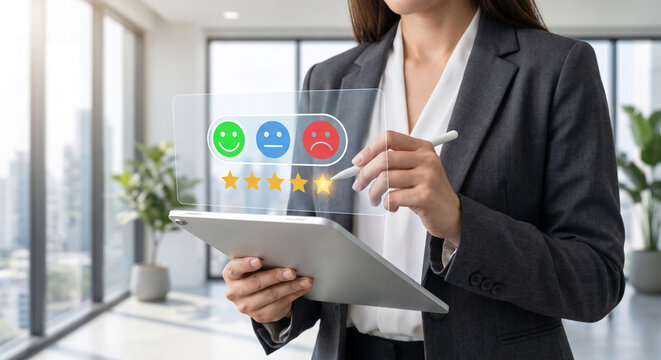 Digital client experience and service evaluation concept with glowing smiley face UI, Businesswoman using stylus on tablet with virtual customer feedback and satisfaction rating hologram.