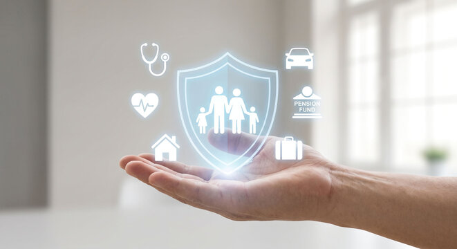 Hand holding virtual family protection shield with pension fund and insurance icons, Digital wealth management and insurtech concept with glowing retirement planning hologram.