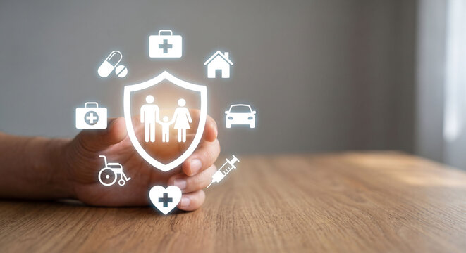 Hand protecting virtual family shield with comprehensive health and property insurance icons, Digital insurtech and family wealth protection concept with glowing healthcare hologram.