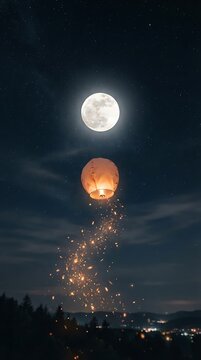 A single glowing sky lantern floating upwards into the starry night sky towards a bright full moon