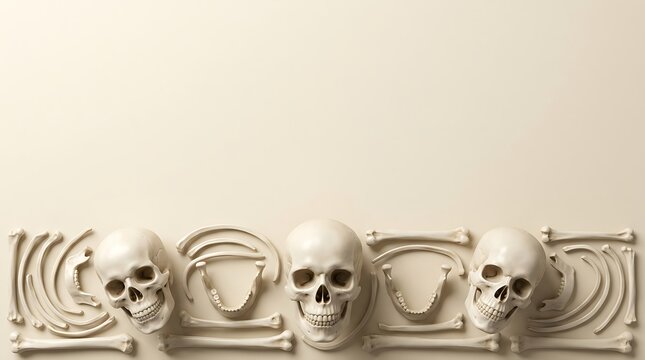 Human skulls and scattered bones arranged in a flat lay pattern on a beige background